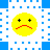 Two pixelated yellow smiley faces with black eyes and red mouths on a white background with blue square patterns, one sad face on left and one happy face on right.