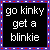 A contact sheet of 10 animated frames showing a black square icon with white text "go kinky get a blinkie" and red highlighted variations, bordered by purple and red dashed lines on a gray background.
