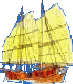 Two identical static images of a traditional sailing ship with yellow sails and an orange hull against a gray background.
