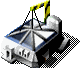 A small isometric building with a yellow and black striped flag, blue and white roof, and gray walls, shown in six with a yellow arrow changing position