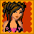 A 4-frame pixel art contact sheet showing a cartoon character's outfit components and text, with orange-red background and yellow border.