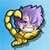 Pixelated 50x50 AIM buddy icon featuring a character with purple hair and golden armor against light blue background.