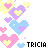 A contact sheet of 20 animated frames showing a repeating pattern of pastel hearts and the text 'TRICIA' in various colors on a white background.