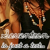 A woman with long dark hair wears a black top, layered necklaces, and bracelets, with text overlaid in white script.