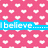 Pink background with white heart pattern and blue text reading 'I believe... I true love... ever since.. I met him<3'