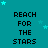 Teal background with repeated 'REACH FOR THE STARS' text in black pixelated font, scattered light blue stars.