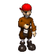 Animated character in brown outfit with red cap holding small object, changing poses across frames.