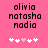 Pink background with black pixelated text reading 'olivia natasha nadia' and five white/pink heart icons below, where the third heart changes from white to pink between frames.