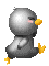 Pixelated cartoon penguin in two running poses with yellow beak, feet, and blush marks on gray background.