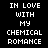 Pixelated text displays 'IN LOVE WITH MY CHEMICAL ROMANCE' across with varying purple background highlights on individual words