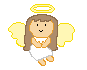 Pixelated angel icon with brown hair, yellow wings, and golden halo; two expressions show smiling face versus closed eyes with open mouth.