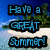 Pixelated beach scene with blue text overlay reading 'Have a GREAT Summer!' on a tropical island background.