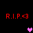 Red text 'R.I.P.<3' appears in four corners of a black background with two pixelated hearts in the center, one pink and one purple.
