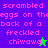 Pixelated text reads 'scrambled eggs on the back of a freckled chiwawa' with a green star on purple background and a purple star on green background.