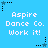 Pixelated blue background with repeated white text "Aspire Dance Co. Work it!" and alternating black and blue star icons with dotted trails.