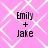 Pink background with white diamond lattice pattern and four identical text blocks reading "Emily + Jake" in black pixelated font.