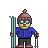 Pixel art of a skier in blue jacket, brown knit hat with pom-pom, and dark pants holding light blue skis and ski poles against gray background.