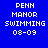 Blue background with white text reading "PEHN MANOR SWIMMING 08-09" arranged in three , where the middle is highlighted by a yellow rectangular block