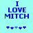 Light cyan background with blue pixelated text "I LOVE MITCH" and five small star-like symbols below, two versions showing different symbol arrangements.
