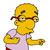 Pixelated yellow-skinned character with brown hair tied back, wearing red glasses and a light pink shirt, facing right with a neutral expression.