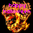 Pixelated orange and yellow flame-like shape with pink text reading 'happy halloween' overlaid on a black background.