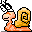 Pixel art snail with orange body and yellow shell, showing multiple poses including walking, turning, and head retraction on gray background.