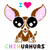 Pixelated dog with large pink ears and black sunglasses, holding a heart symbol above its head.