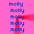 A static image with repeated blue text 'molly' on a pink background, featuring red pixelated shapes forming an abstract pattern.
