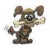 Animated brown cartoon dog with floppy ears holds a bone in its mouth and waves one paw, set against white background.