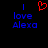 Blue text 'I love Alexa' on black background with red pixelated heart symbol above the word 'love'.