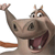 Pixelated cartoon rhinoceros with brown and gray tones, mouth open showing pink tongue and teeth, one arm raised, standing on a white background.