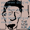 A pixelated animation of a man's face with repeated text overlays, cycling through color schemes and facial expressions.