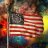 Pixelated image showing a person holding an American flag with red and white stripes, blue field with stars, and yellow background elements.