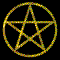 Golden pentagram symbols in circular and oval frames with varying line thicknesses, displayed across multiple on a black background