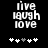 Black background displays white text 'live laugh love' above five heart symbols, with one gray heart in the center.