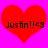 Two identical red heart shapes on a bright pink background, each containing black text reading "Justin!!<3" with pixelated edges.