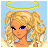 Pixelated angel figure with blonde curly hair in pigtails, yellow halo, blue eyes, white gown, and wings, with text "Daddys Lil Angel" below.
