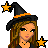 Pixel art Halloween-themed contact sheet with four distinct animated frames featuring a witch character, pumpkin props, and text elements on a transparent background.