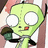 Green cartoon alien with large white eyes and red mouth holding a cupcake, next to pink pixelated text on blue background.