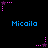 Pixelated blue text "Micaila" appears in two above and below a of pink star-shaped icons with dotted trails on black background