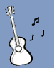 White acoustic guitar with black outline on light blue background, surrounded by floating musical notes in two distinct arrangements.