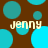 Brown background with scattered cyan and light blue circles; four instances of the text 'jenny' in light beige font across the image.