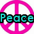 A static image shows a pink peace symbol with the word "Peace" in cyan text and a black heart with the word "Love" in cyan text.