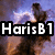 A pixelated image of a character with dark hair against a blue and orange background, overlaid with text reading 'HarisB1 Loves Space!!!'