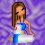 Pixelated image of a woman with long brown hair wearing blue and white clothing, standing against a purple background.