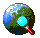 Pixelated globe with blue water and green landmasses, overlaid by a magnifying glass with cyan lens and red handle, positioned at varying angles