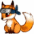 Pixelated fox with orange-brown fur, white chest, and curled tail wearing a gray headband with blue fabric on the right side.