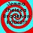Four identical pixelated icons arranged in a , each featuring red and cyan spiral patterns with text overlay