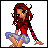 Pixel art animation of a red-haired character in a red top and blue skirt performing a sequence of movements with text "Everyone loves a redhead" below.