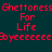 Red pixelated text on dark green background with white rectangular overlays, repeating 'Ghettoess For Life' and 'Byeeeeee' in a pattern